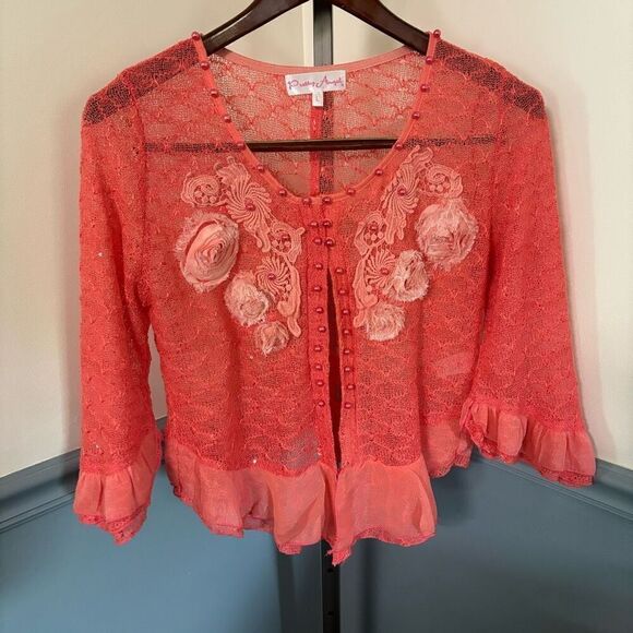 Pretty Angel Feminine Cardigan Floral Details Faux Pearls Size Large - Picture 1 of 5